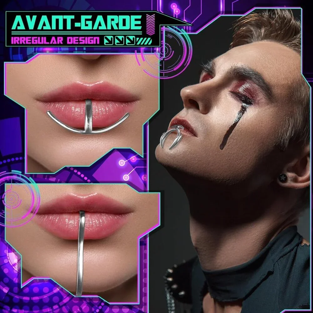 6 Pcs Silver Stainless Cyber Lip Cuff Set for Women Men Halloween Punk Style